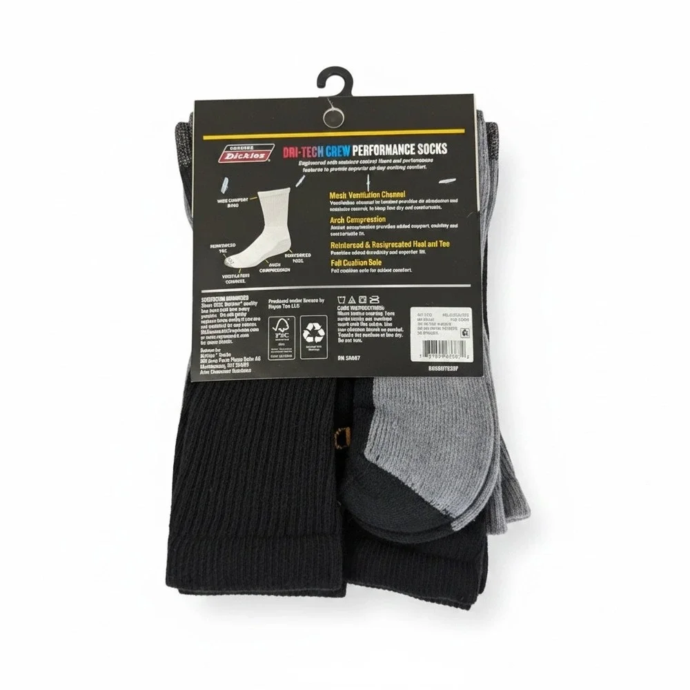 Dickies Dri-Tech Crew Socks Mens 12-15 Black Grey NWT 6-Pack Big & Tall Work
